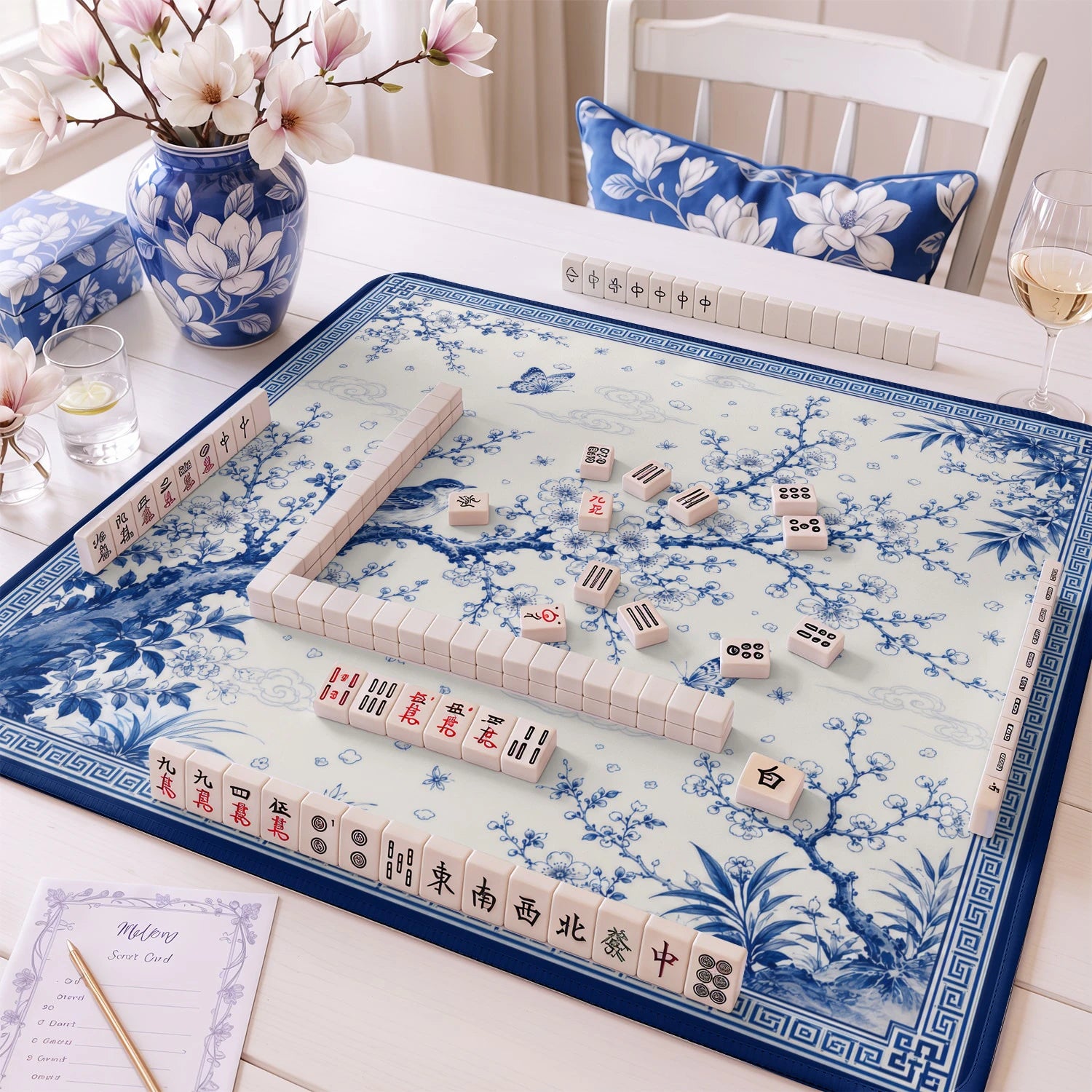 Blue Songbird Chinoiserie Mahjong Mat - Mah Jongg Mat