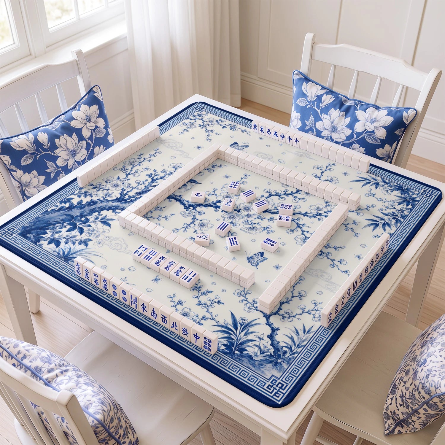 Blue Songbird Chinoiserie Mahjong Mat - Mah Jongg Mat