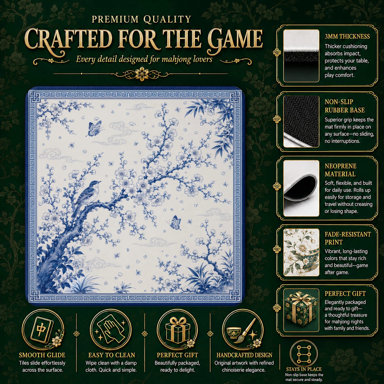 Blue Songbird Chinoiserie Mahjong Mat - Mah Jongg Mat