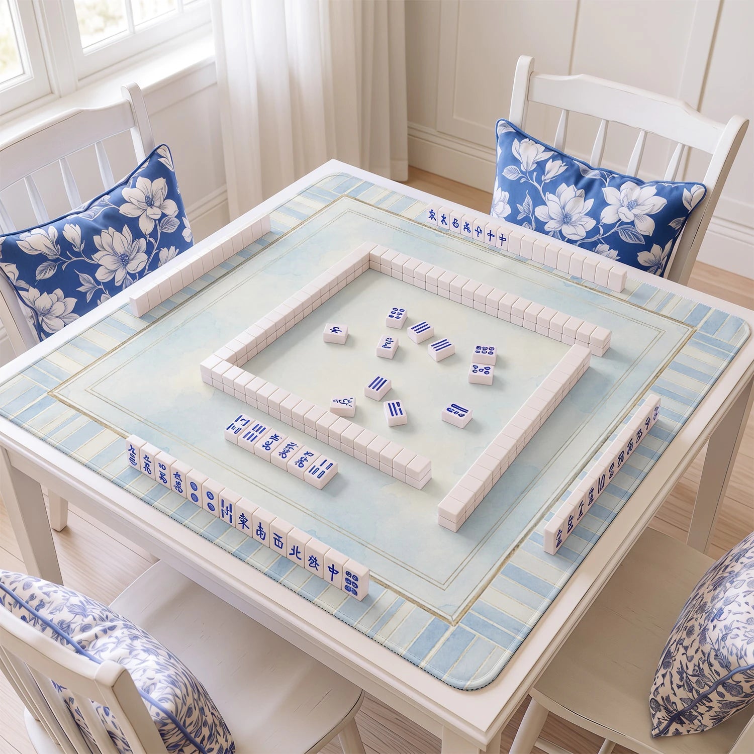 Blue Stripe mahjong mat with tiles and racks on the table