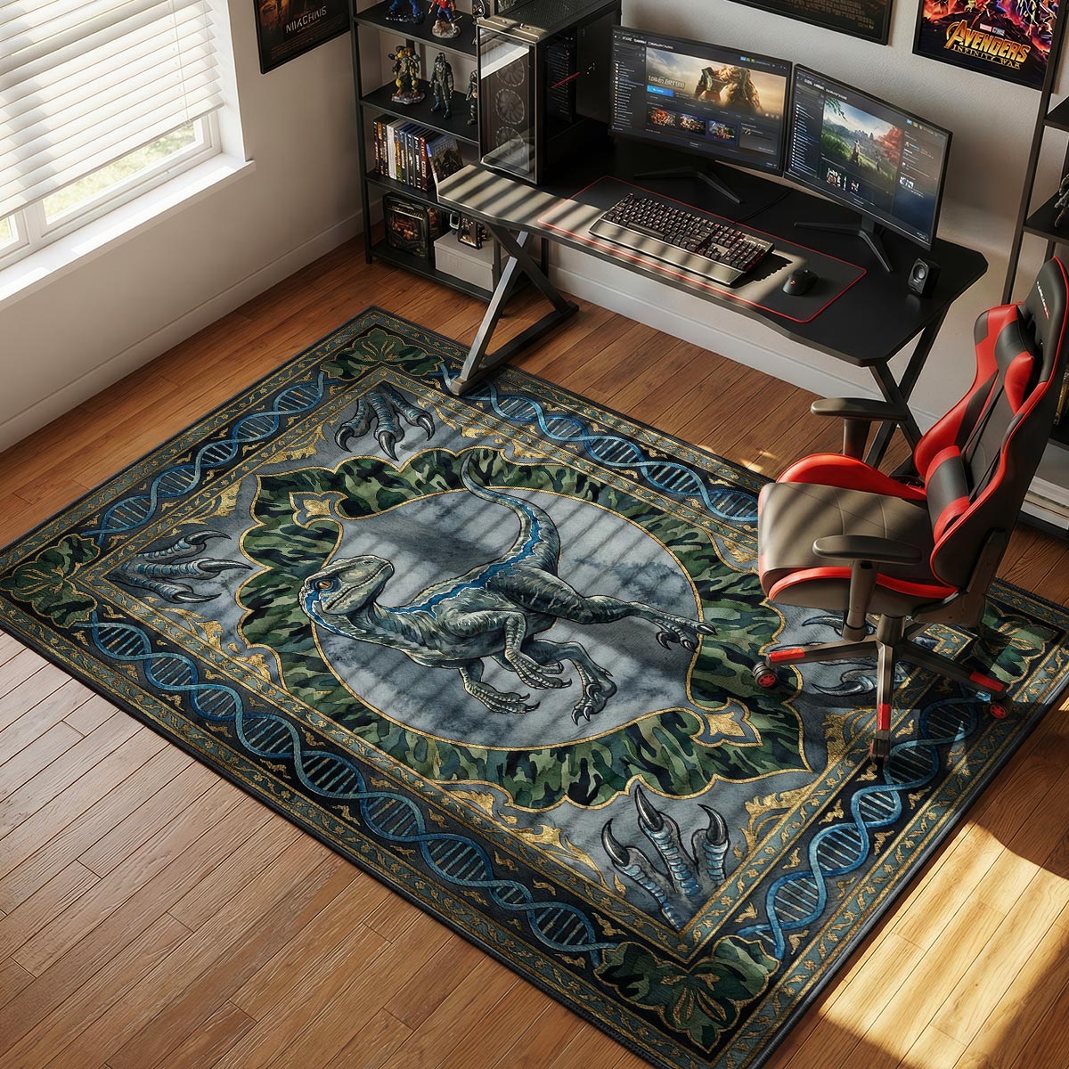 Blue Velociraptor DNA Jurassic World Room rug — main product view