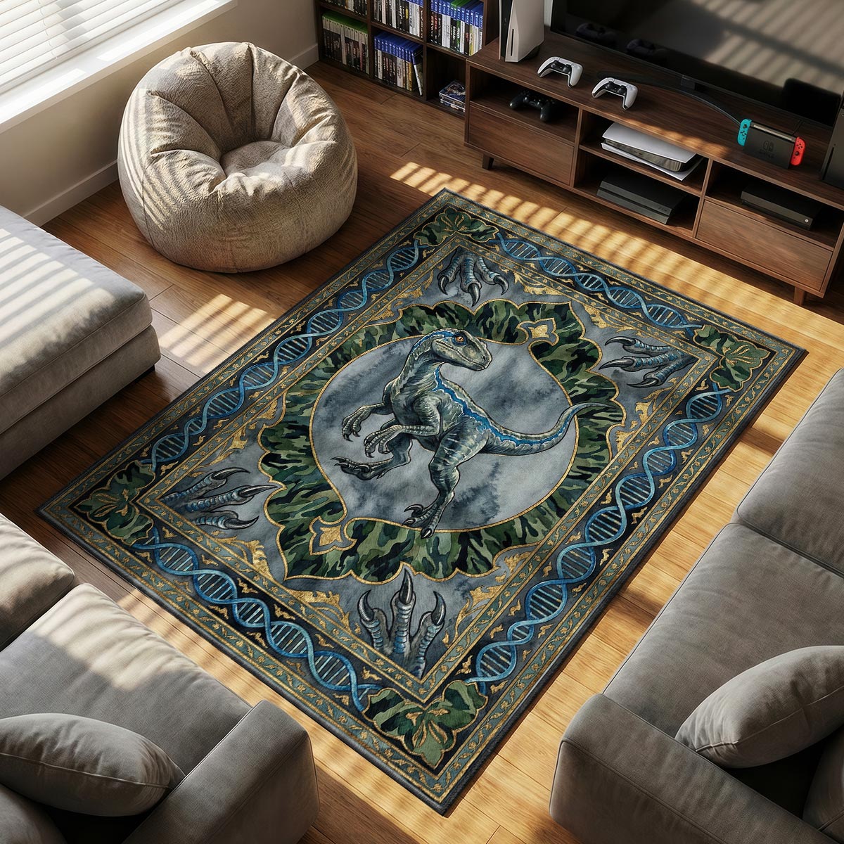 Blue Velociraptor themed area rug for home decor fans