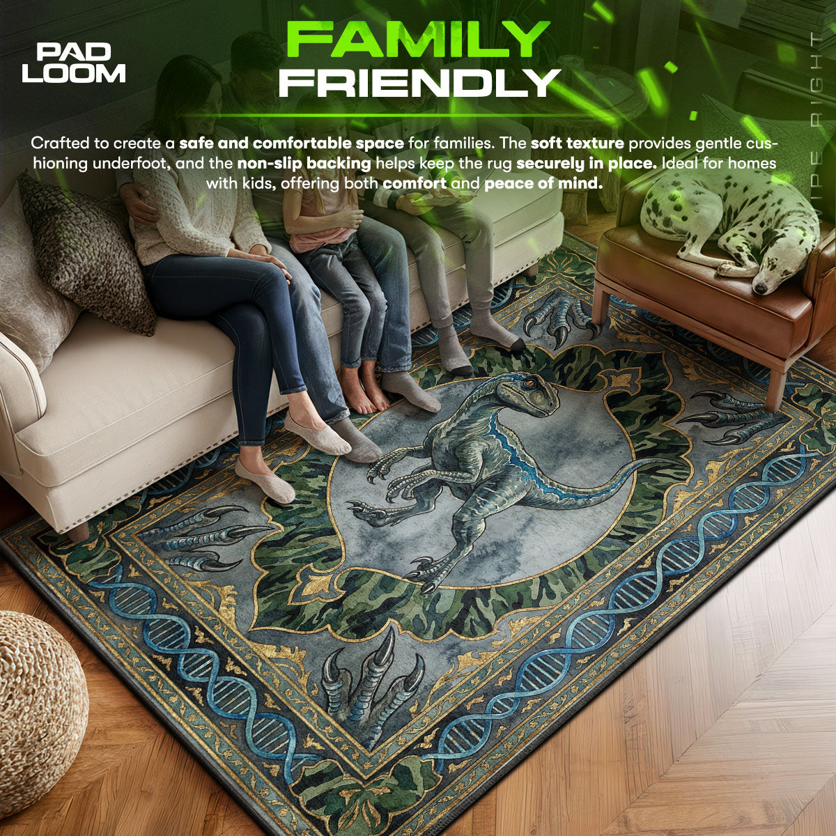 Blue area rug showing full home decor artwork