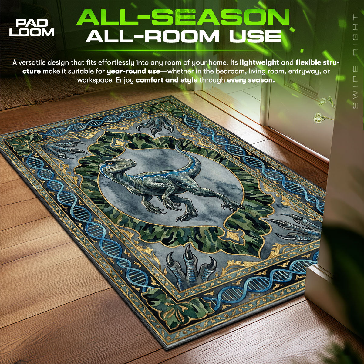 Blue Velociraptor DNA Jurassic World Room fan rug — premium quality print