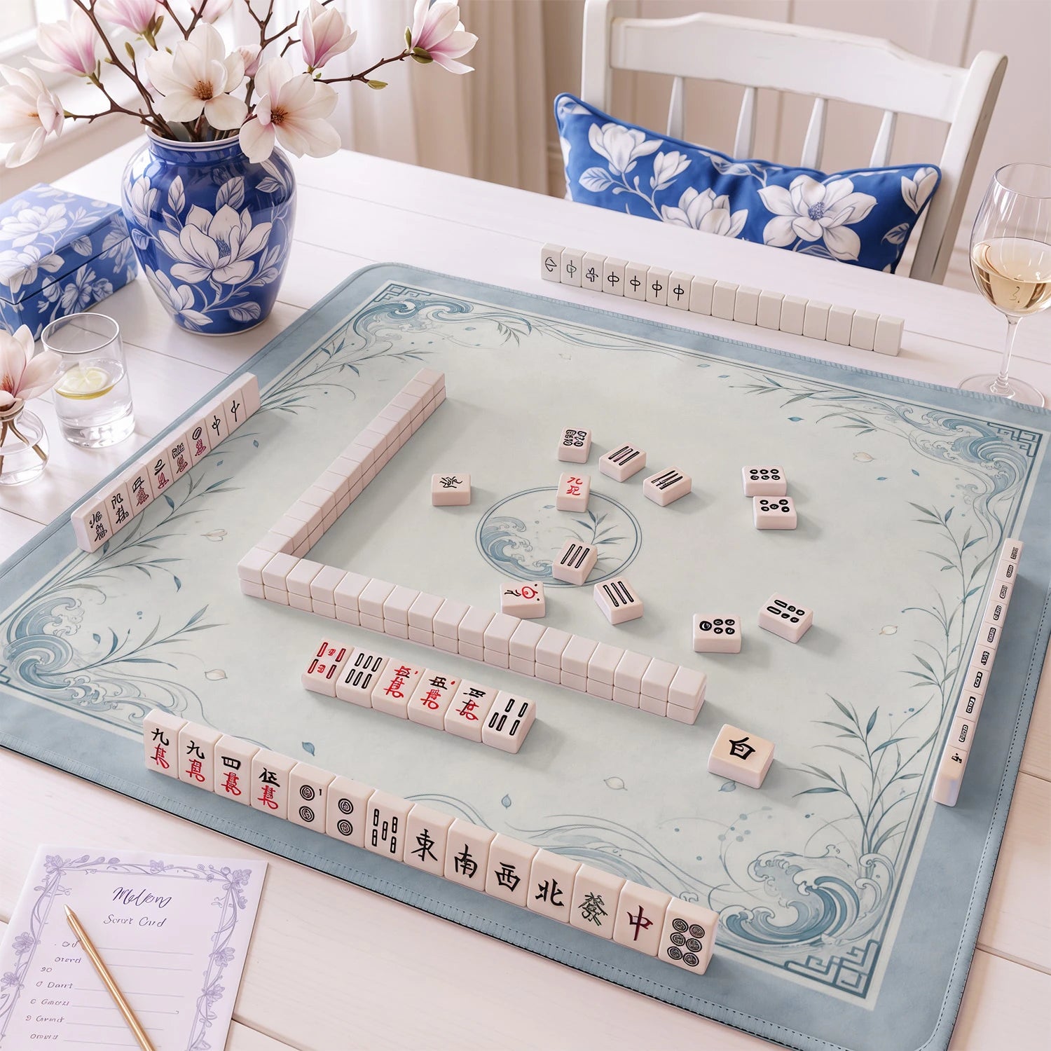 Blue Wave Chinoiserie Mahjong Mat - Mahjong