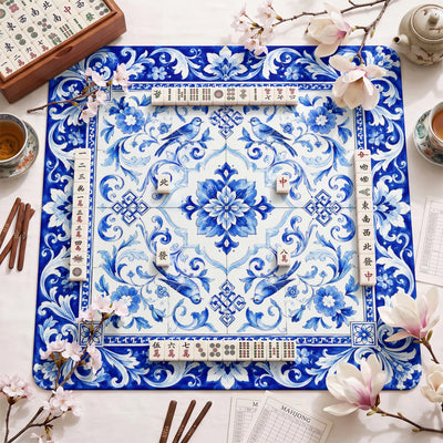 Blue White Tile Bird Mahjong Mat - Mah Jongg Mat