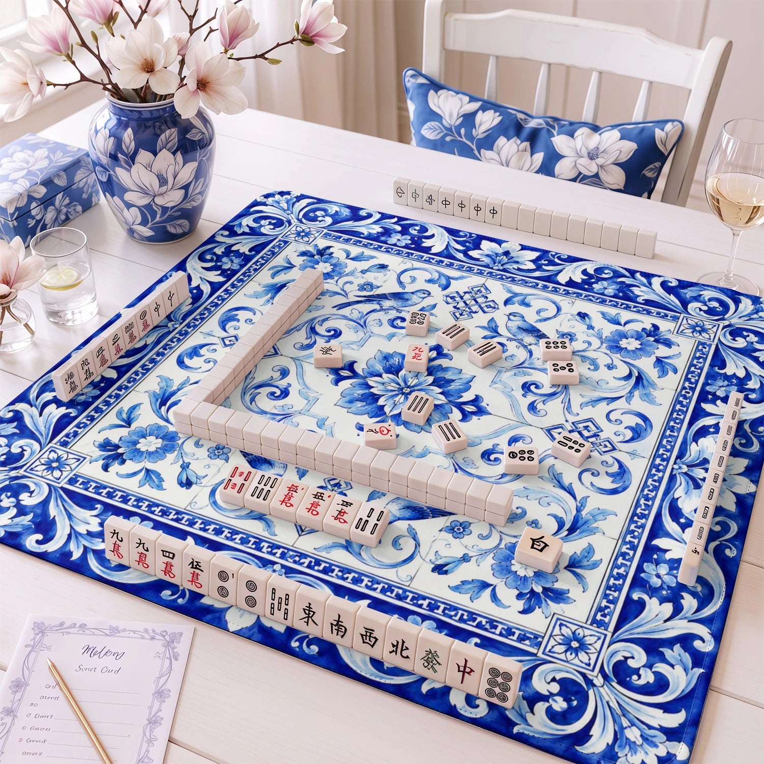 Blue White Tile Bird mahjong mat – M (60x60 cm) and L (81x81 cm) sizes