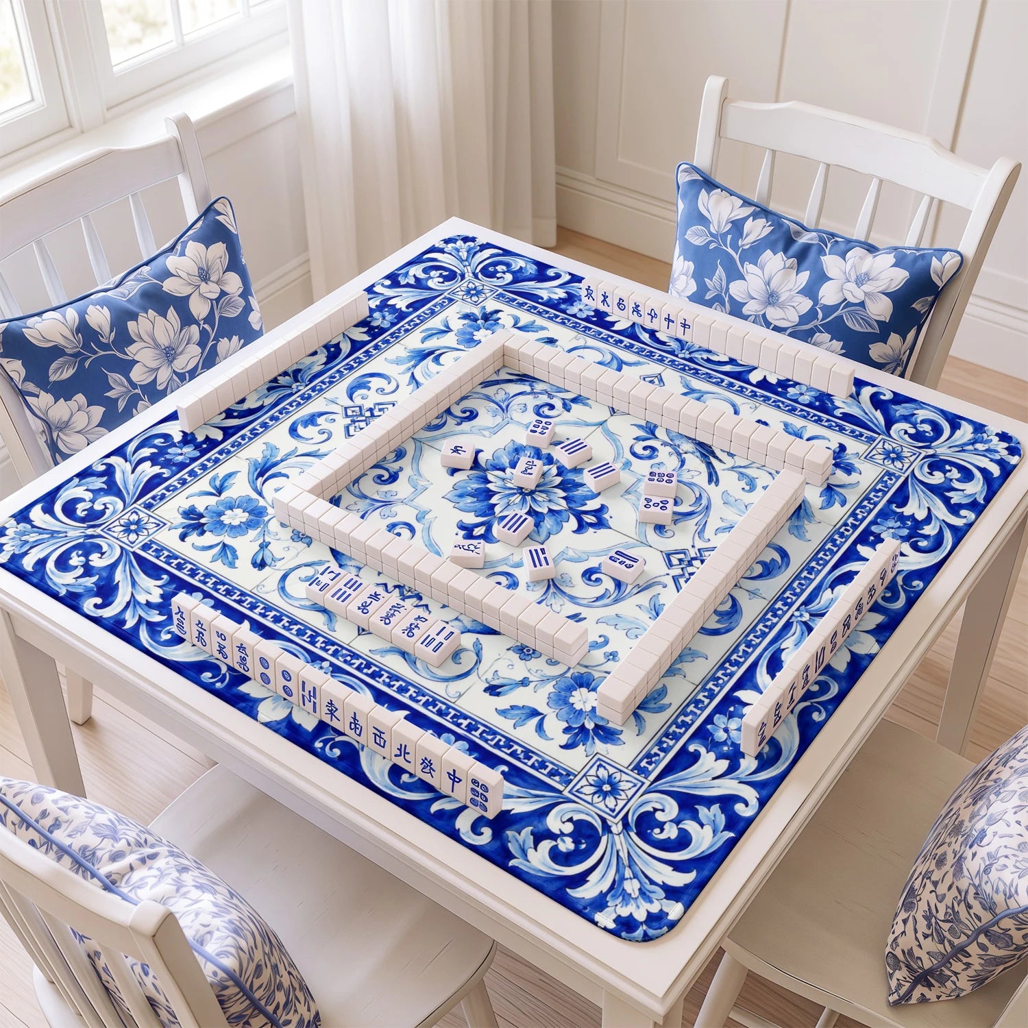 Blue White Tile Bird mahjong mat with tiles and racks on the table