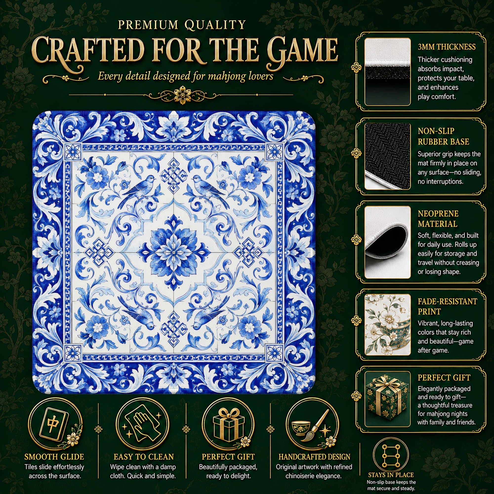 Blue White Tile Bird Mahjong Mat – neoprene mah jongg table mat