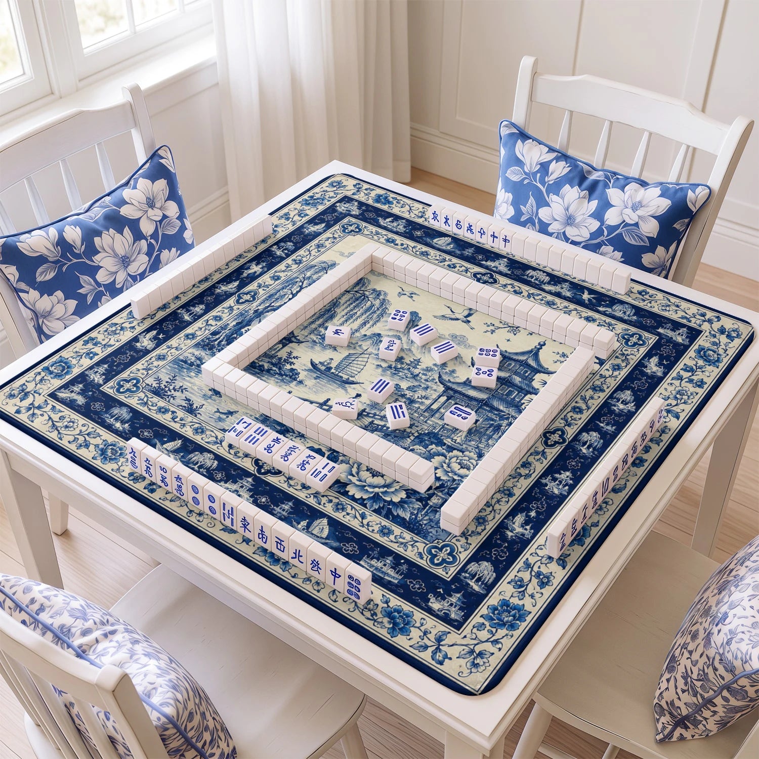 Blue Willow mahjong mat with tiles and racks on the table