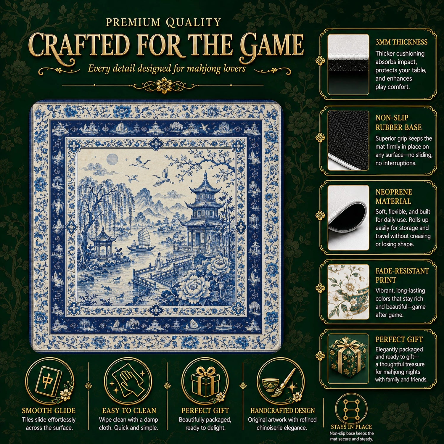 Blue Willow Mahjong Mat – neoprene mah jongg table mat