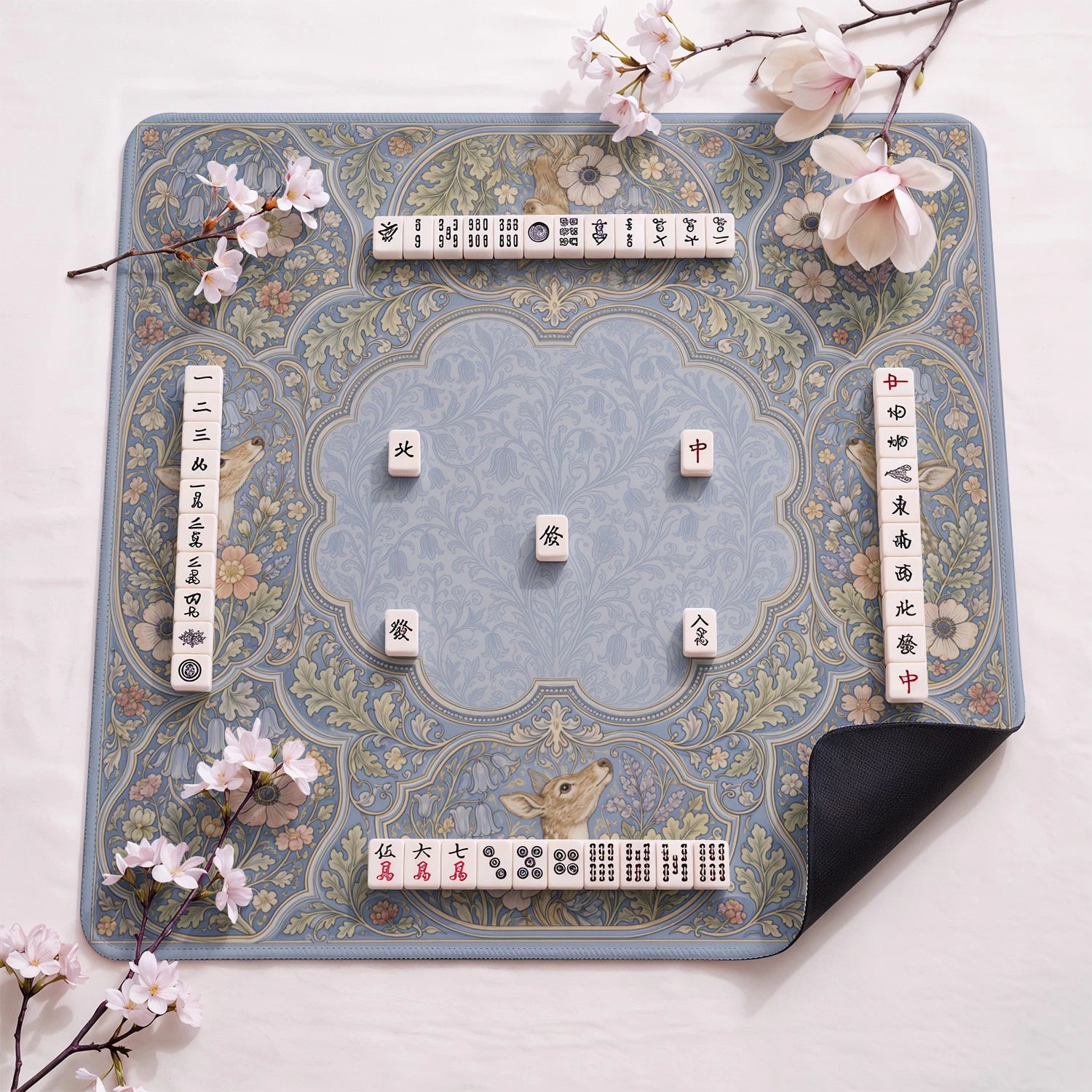 Bluebell Deer design close-up on mahjong mat surface