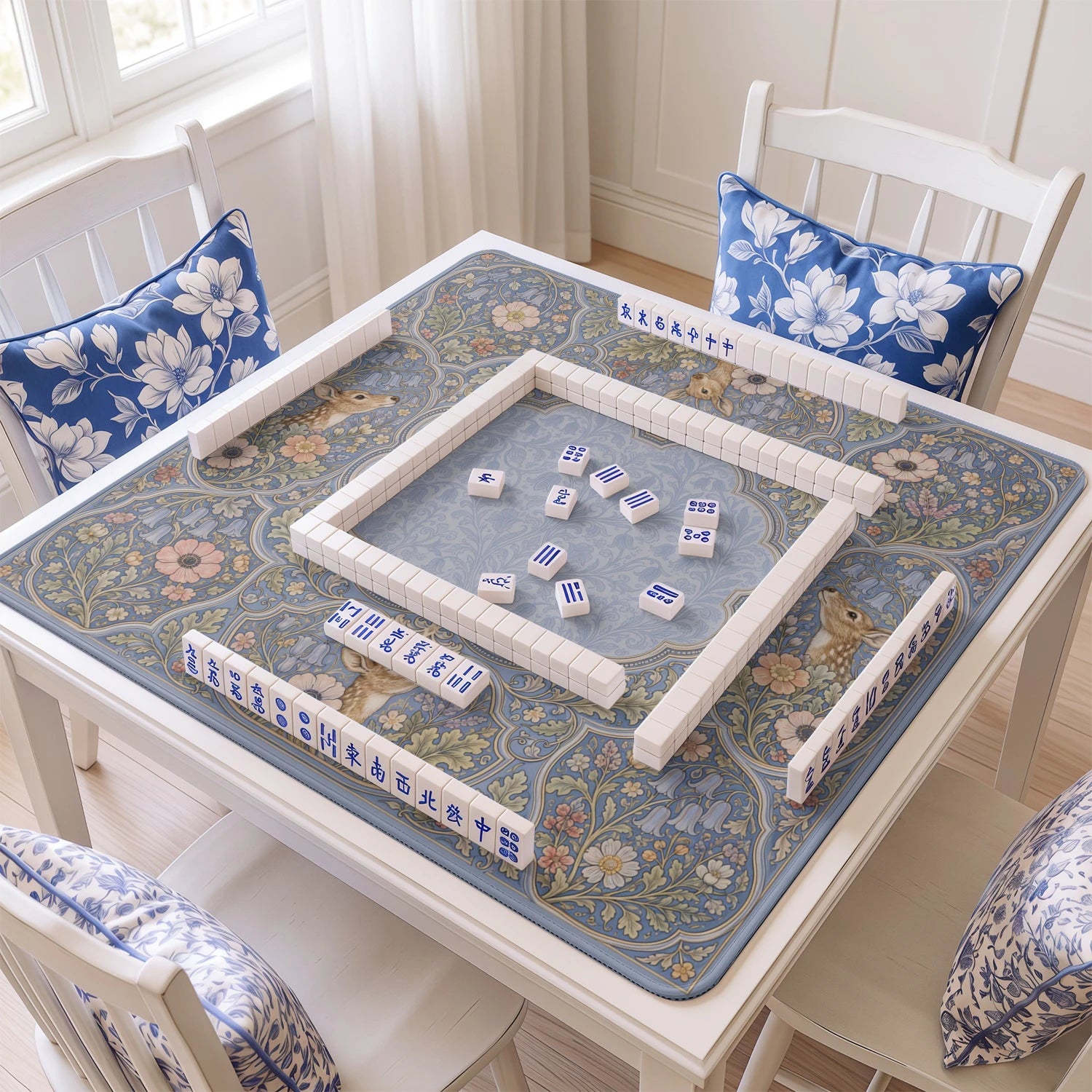 Bluebell Deer mahjong mat with tiles and racks on the table