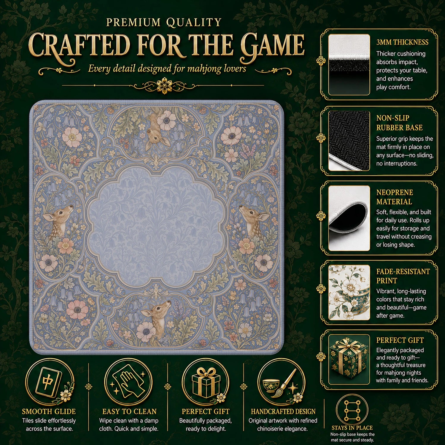 Bluebell Deer Mahjong Mat – neoprene mah jongg table mat