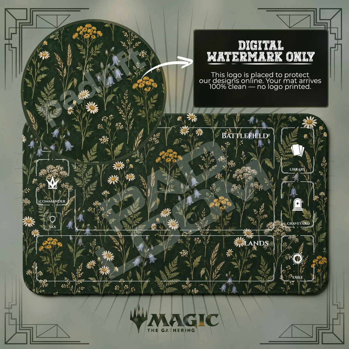 Bluebell Wildflower MTG playmat with zones; the Padloom watermark is digital only, not printed