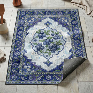 Blueberry cluster kitchen mat in scalloped medallion on indigo and lavender ornamental border