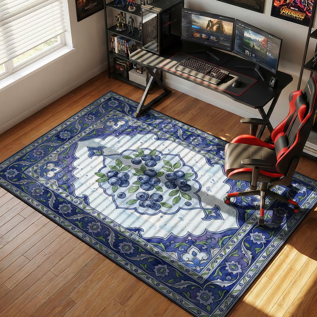 Blueberry kitchen rug on light gray tile floor in a bright white modern kitchen