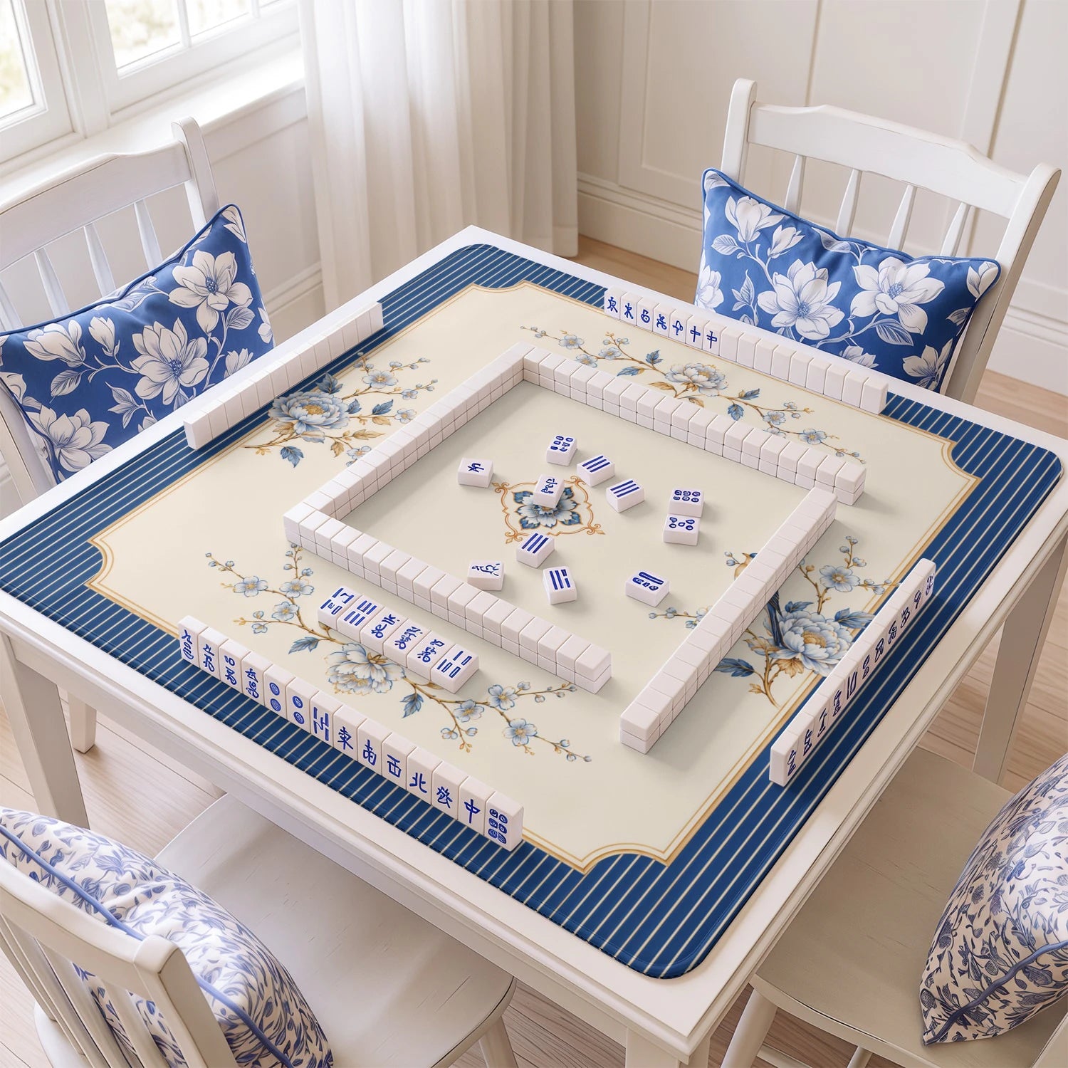 Bluebird Stripe mahjong mat with tiles and racks on the table