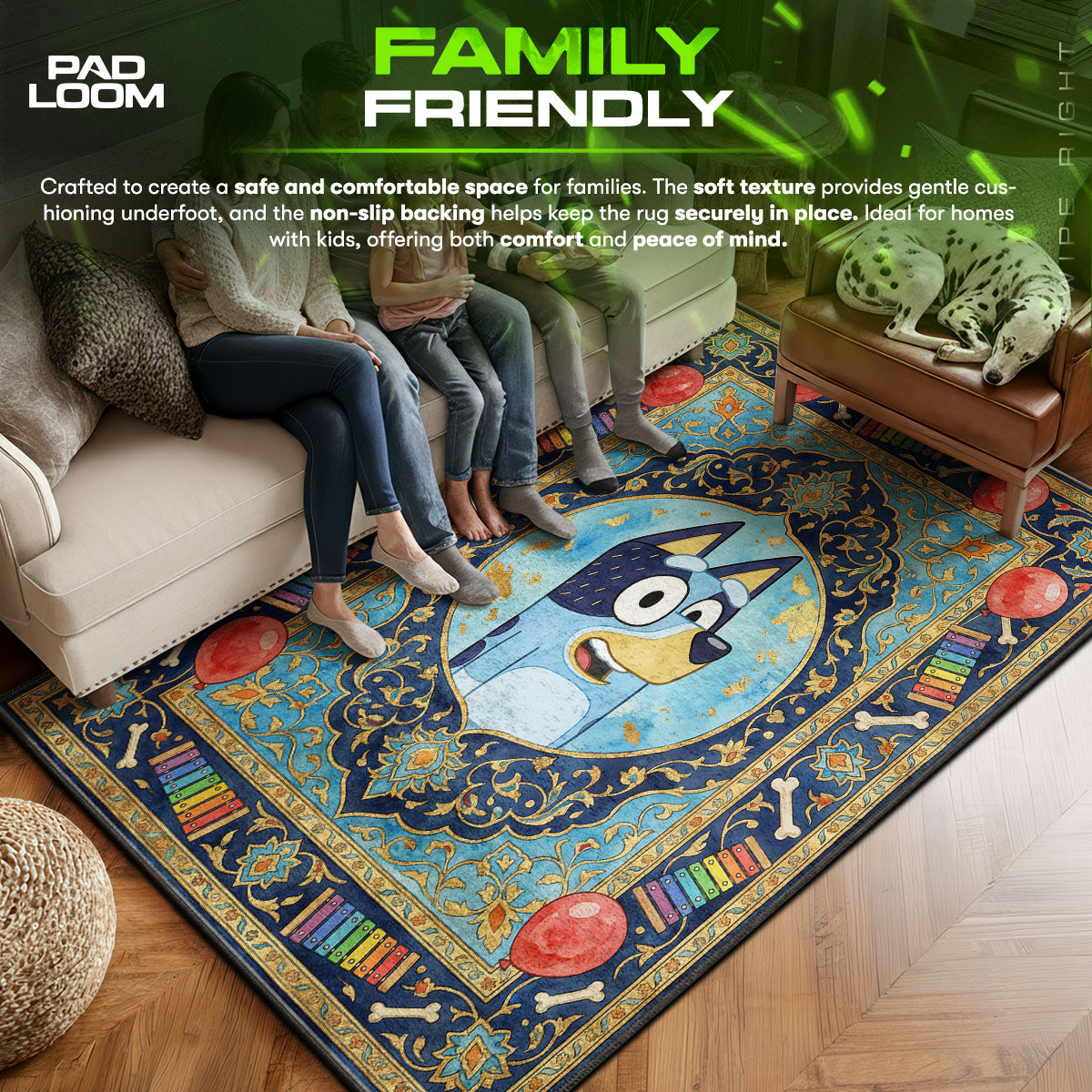 Bluey area rug showing full home decor artwork