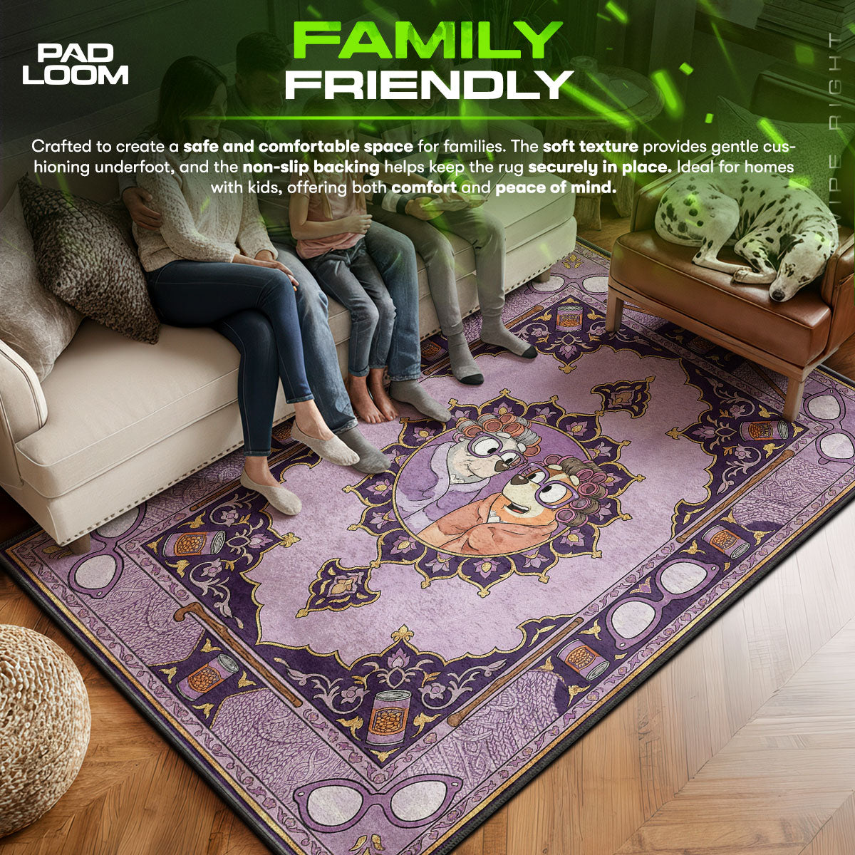 Bluey area rug showing full home decor artwork
