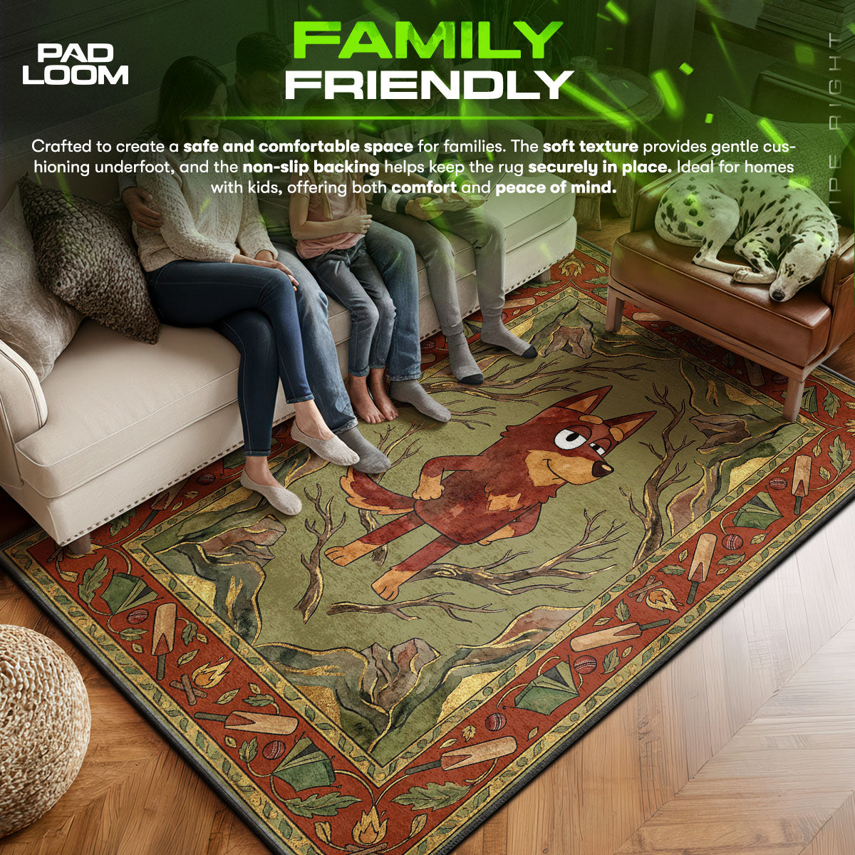 Bluey area rug showing full home decor artwork