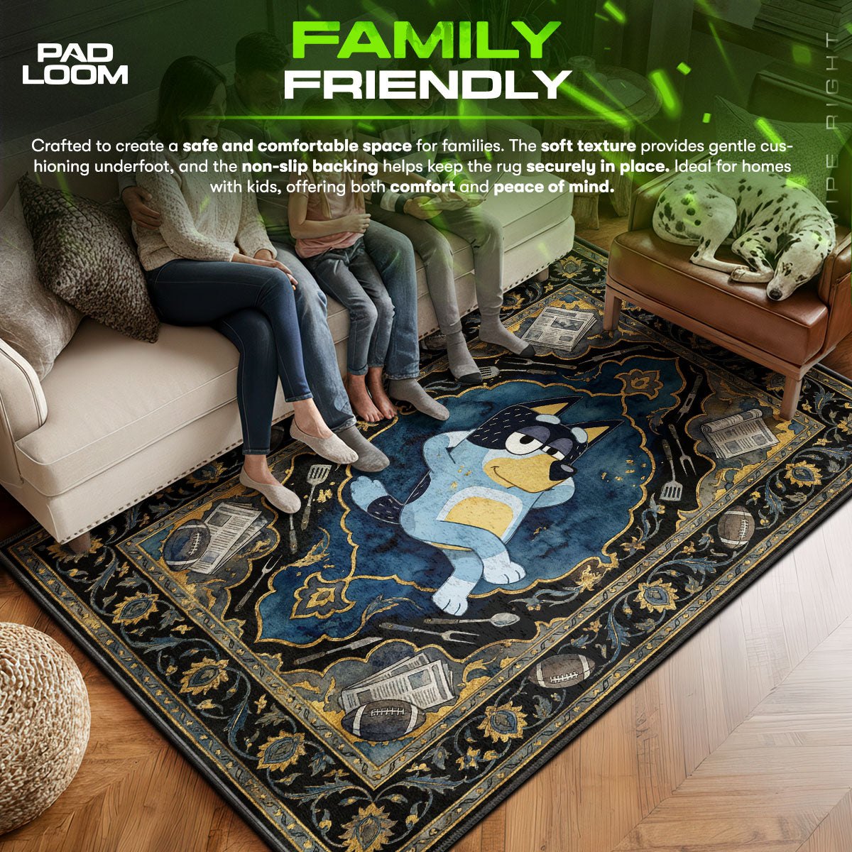 Bluey area rug showing full home decor artwork