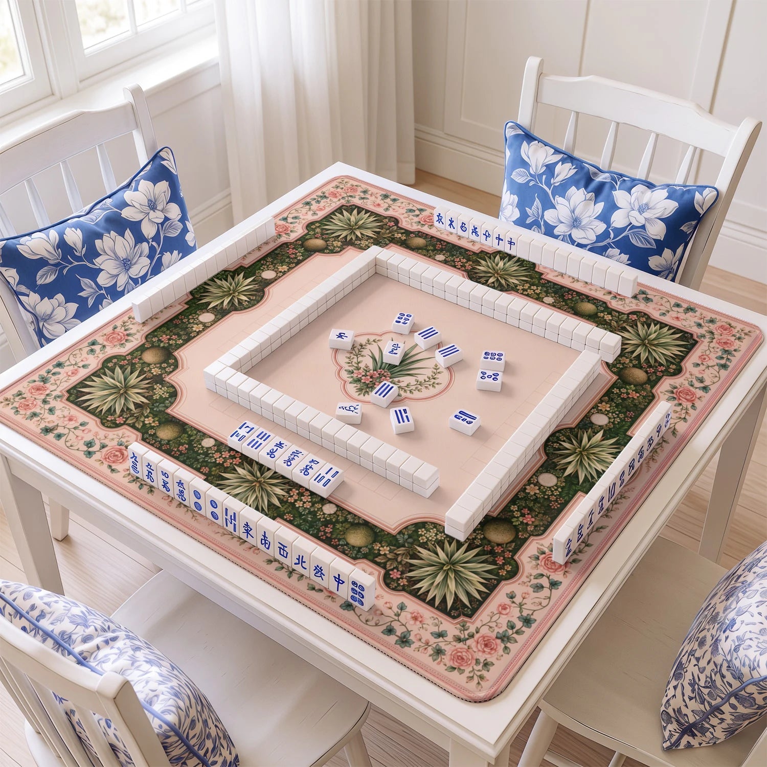Blush Agave mahjong mat with tiles and racks on the table