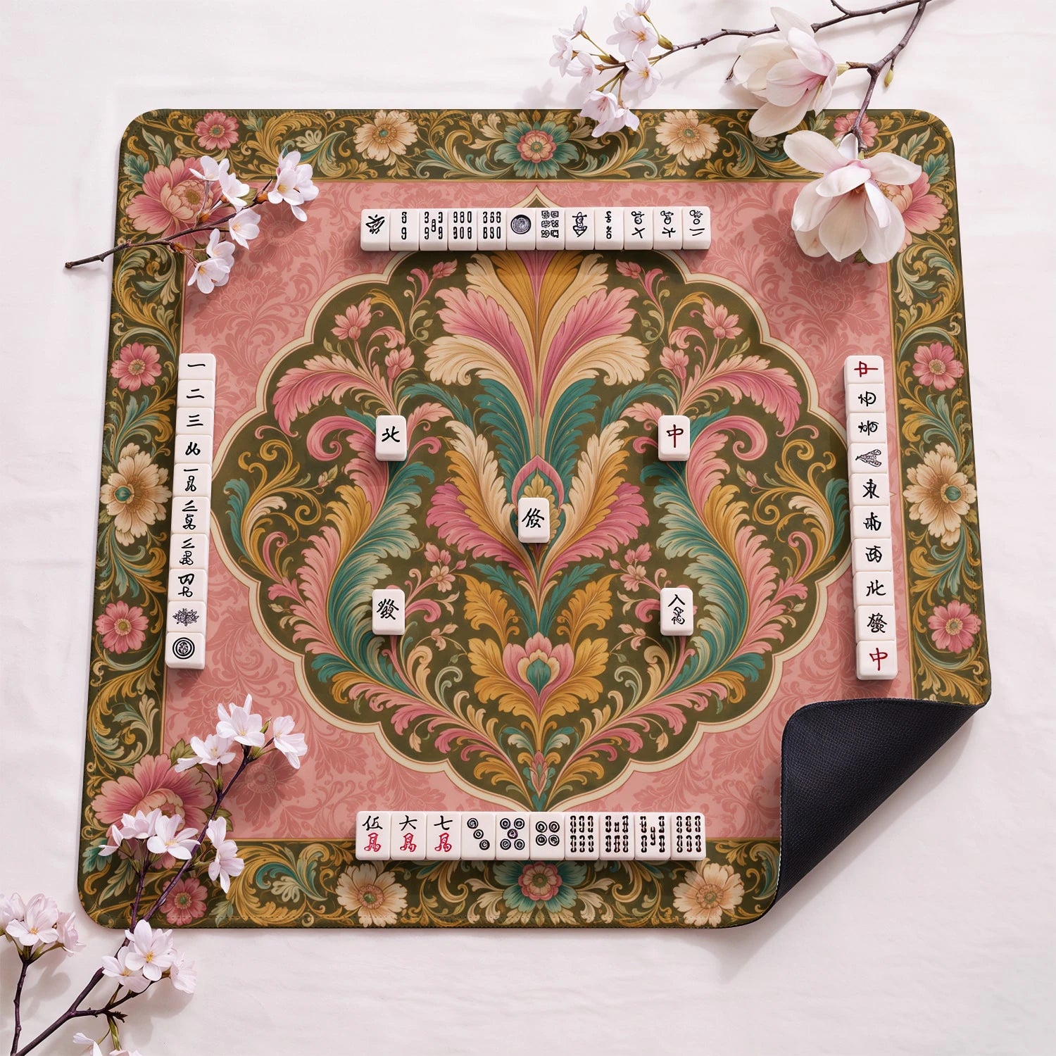 Blush Damask design close-up on mahjong mat surface