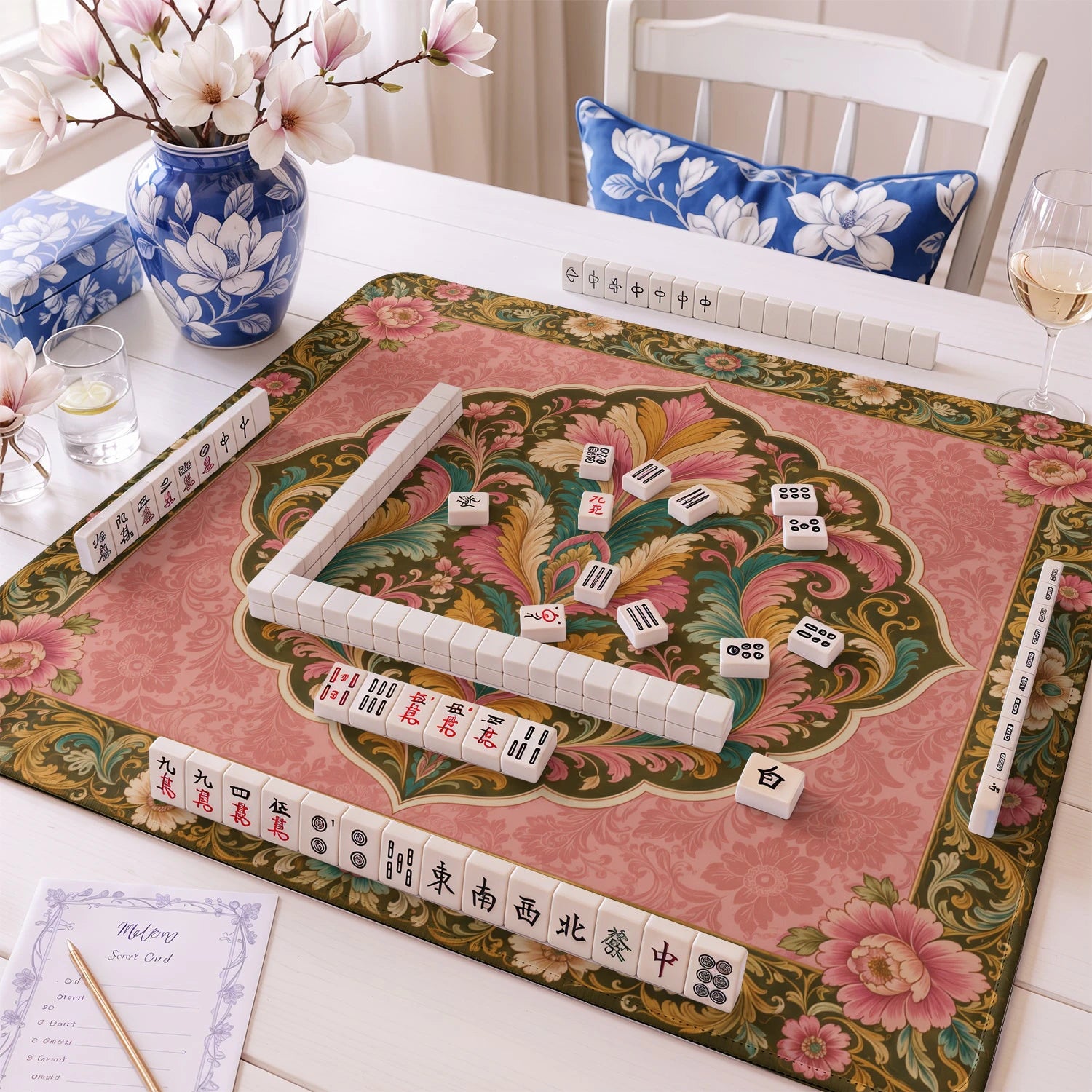 Blush Damask mahjong mat – M (60x60 cm) and L (81x81 cm) sizes