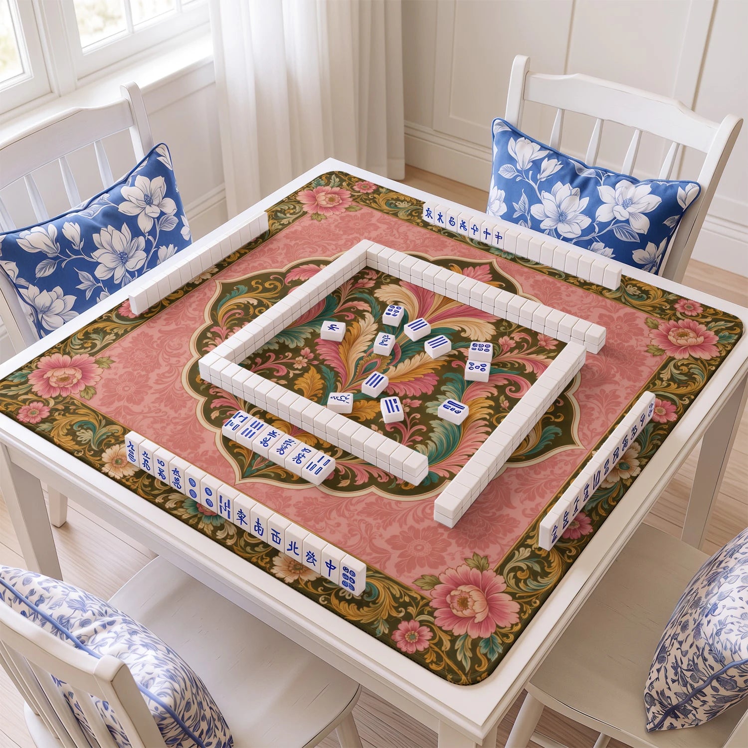 Blush Damask mahjong mat with tiles and racks on the table