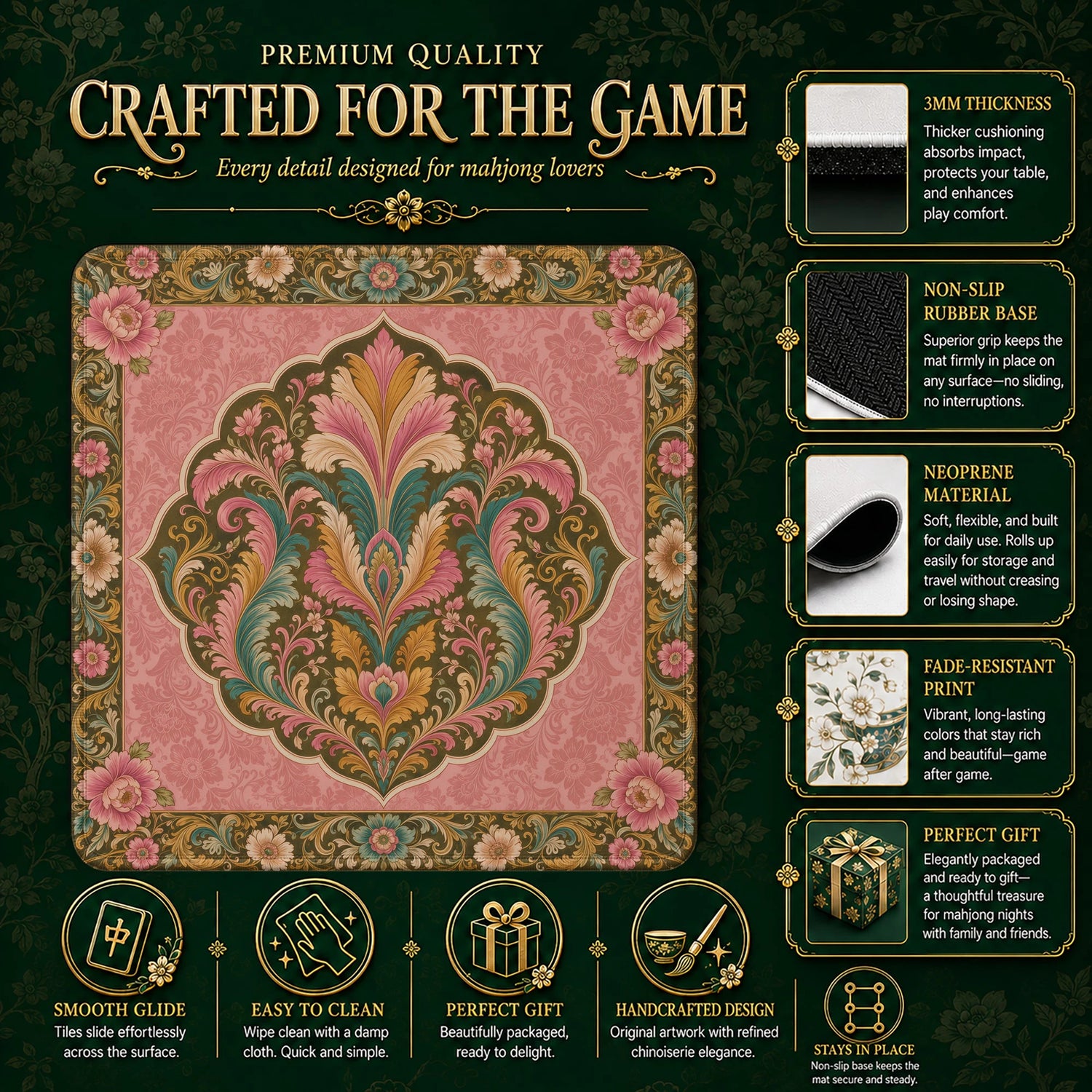 Blush Damask Mahjong Mat – neoprene mah jongg table mat