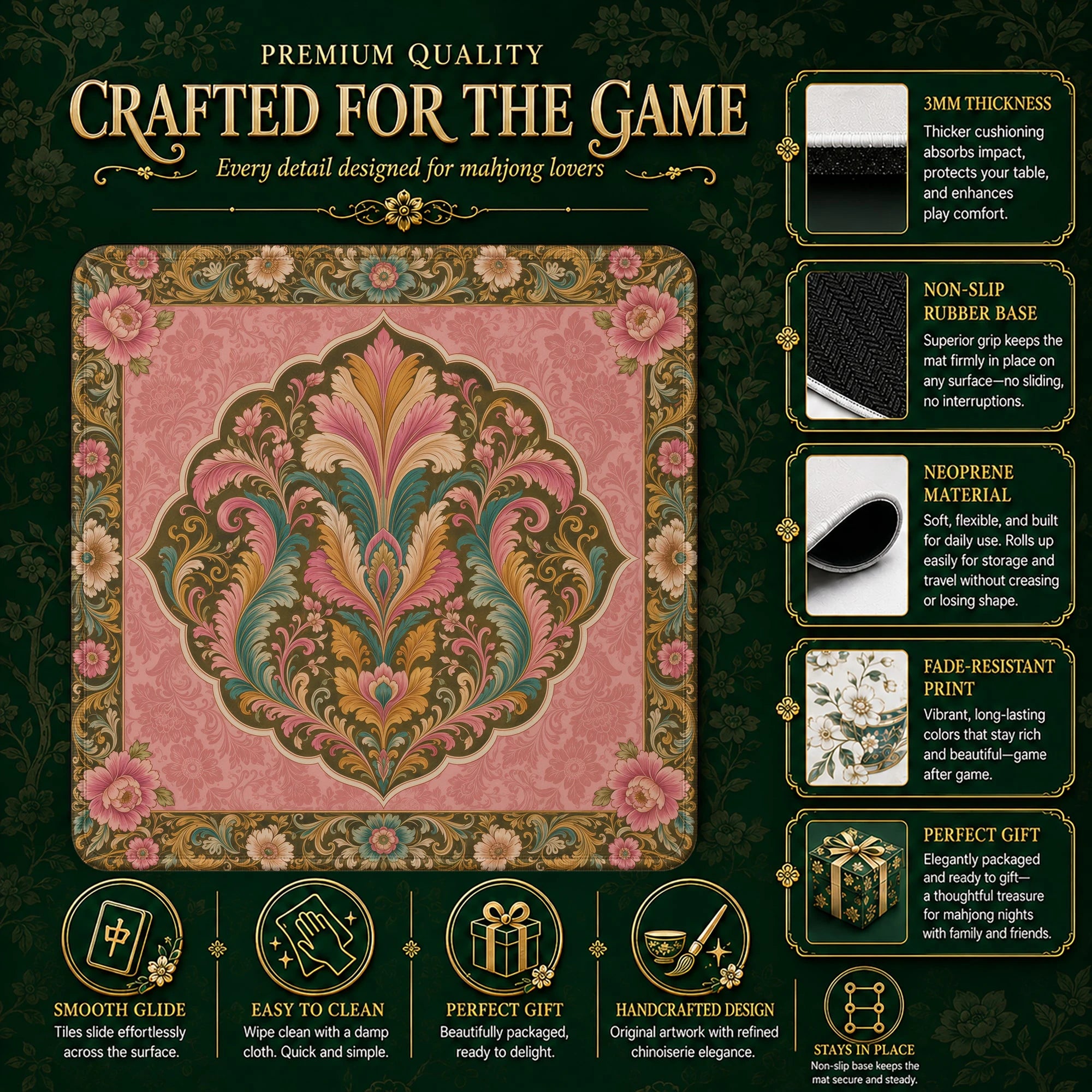 Blush Damask Mahjong Mat – neoprene mah jongg table mat