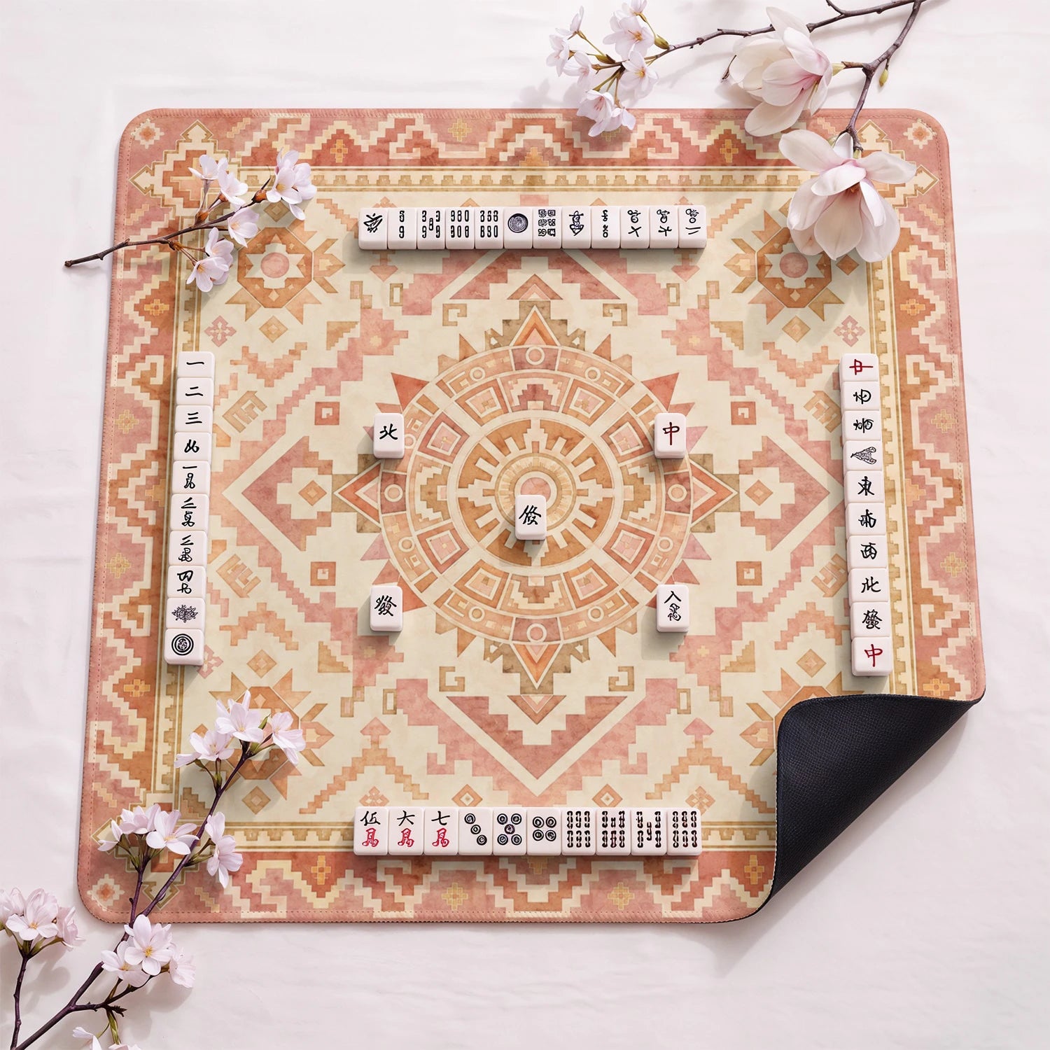 Blush Kilim design close-up on mahjong mat surface
