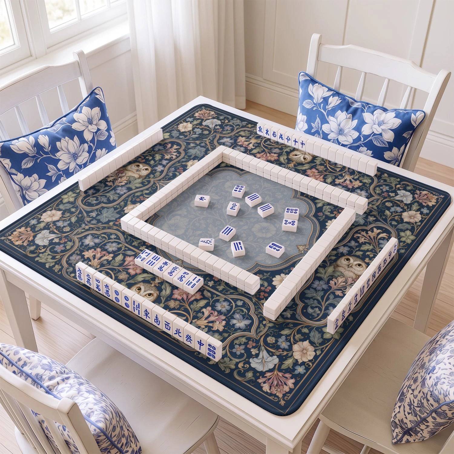 Blush Ragdoll mahjong mat with tiles and racks on the table