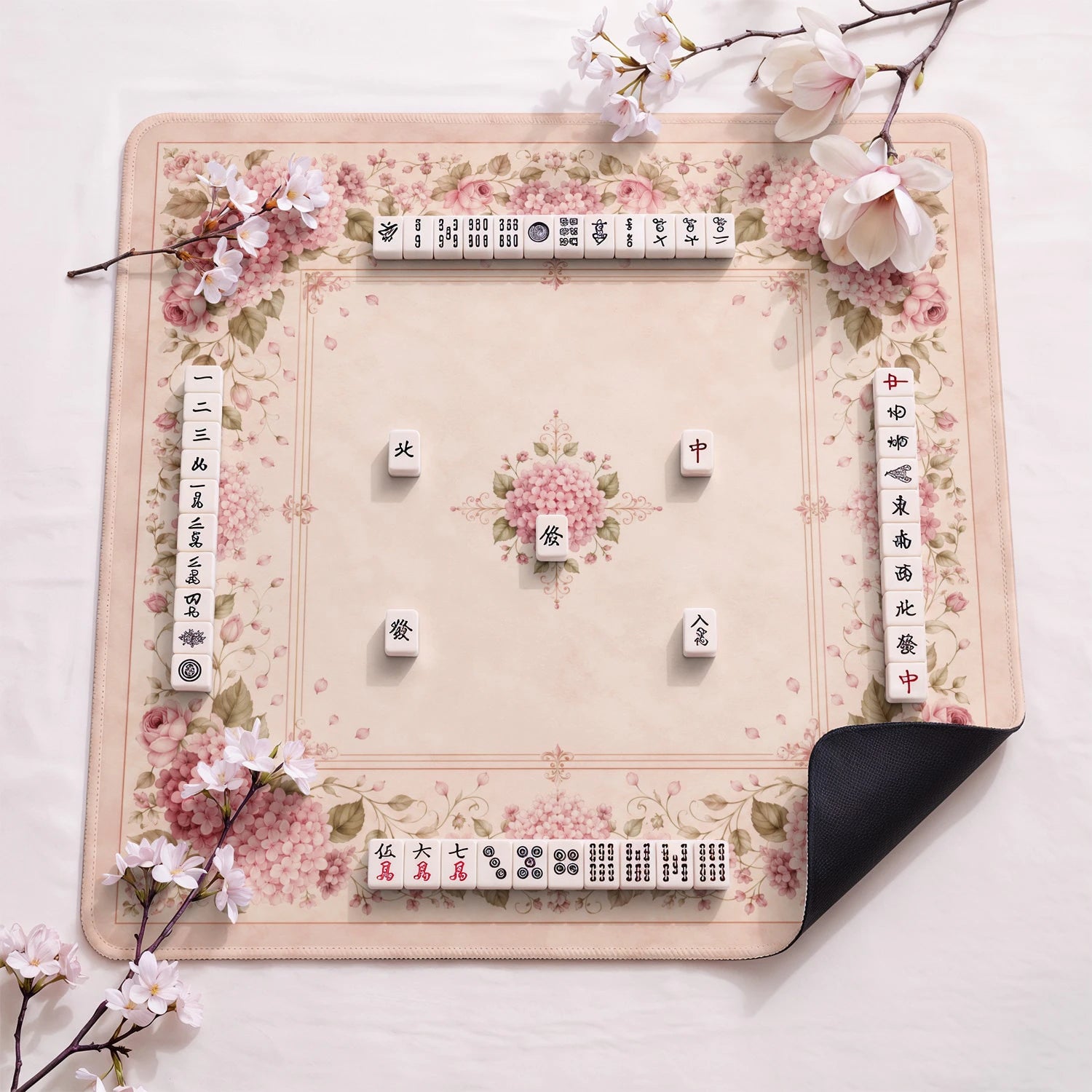 Blush Rose Hydrangea Mahjong Mat - Mah Jongg Mat