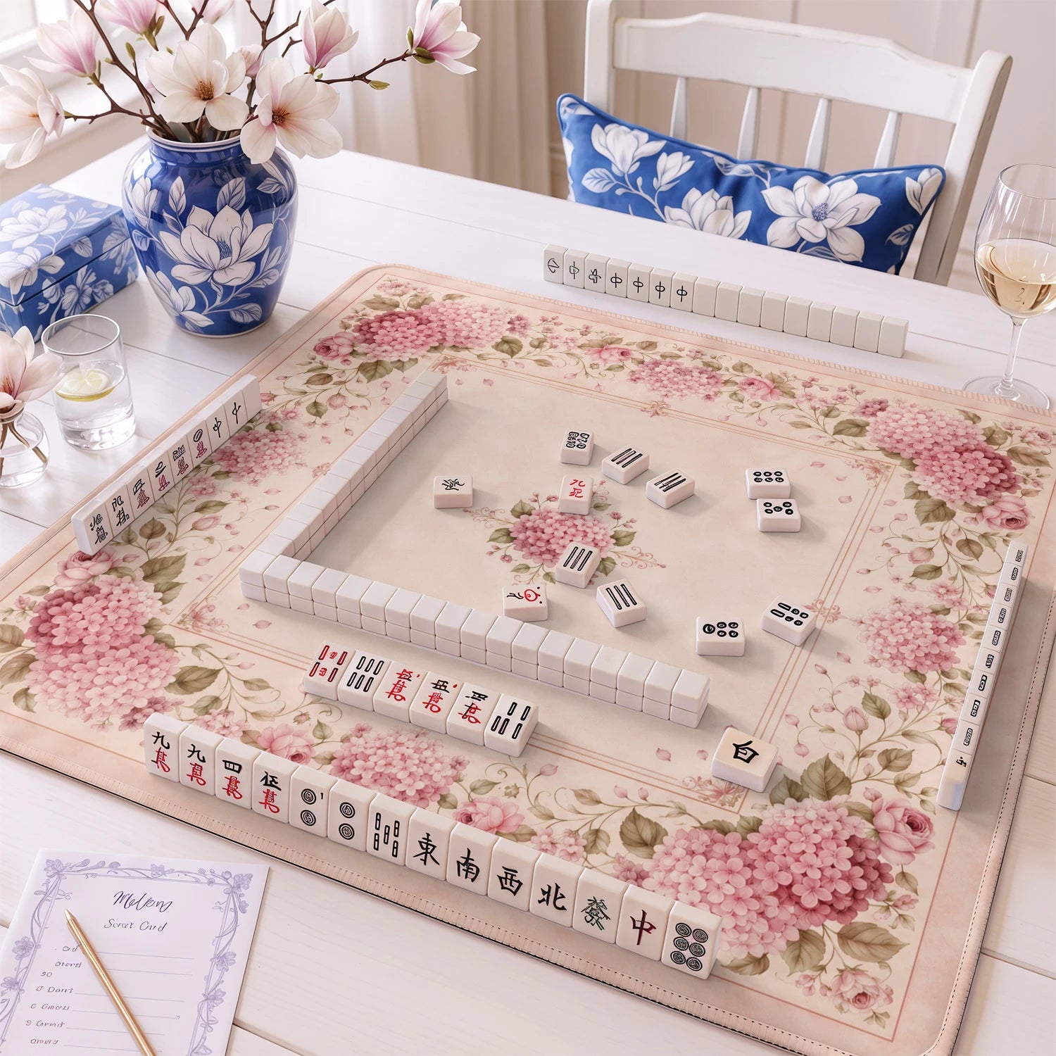 Blush Rose Hydrangea Mahjong Mat - Mah Jongg Mat