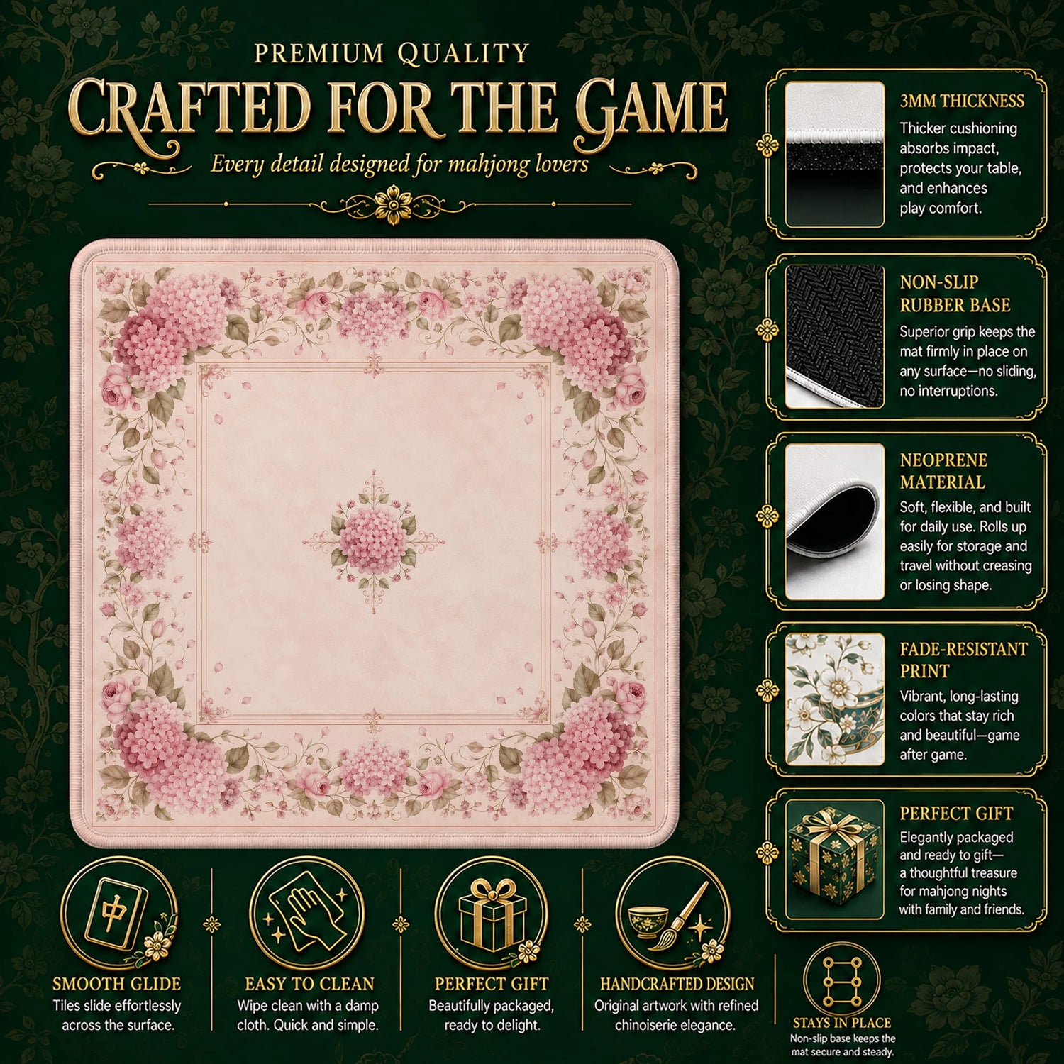 Blush Rose Hydrangea Mahjong Mat - Mah Jongg Mat