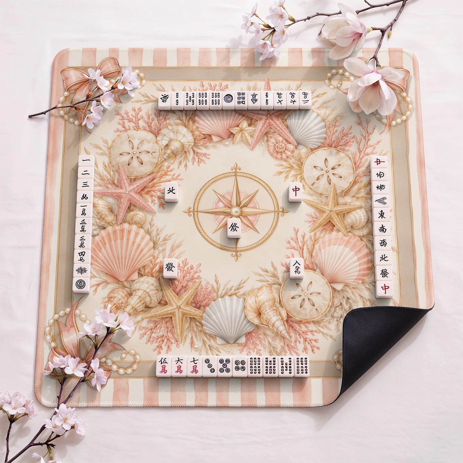 Blush Shell design close-up on mahjong mat surface