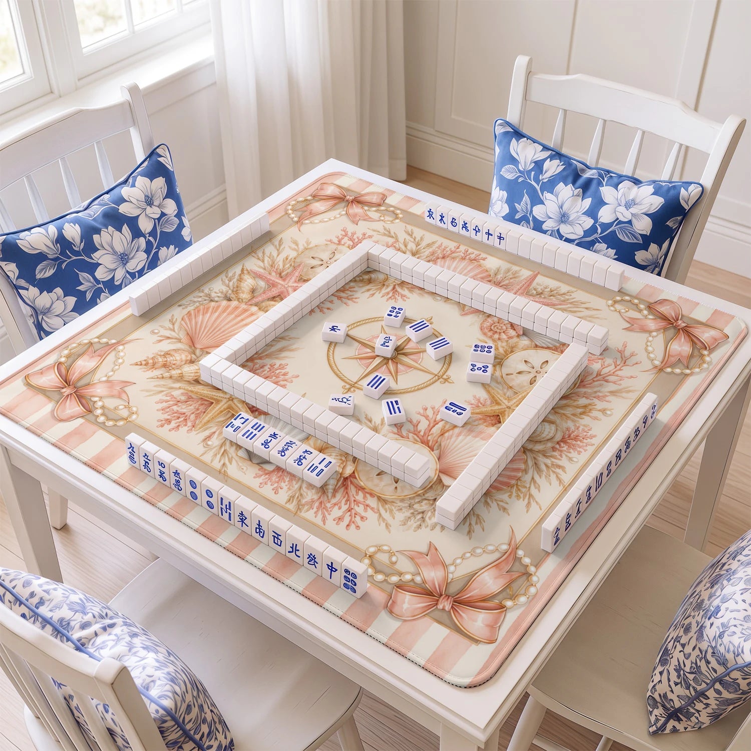 Blush Shell mahjong mat with tiles and racks on the table
