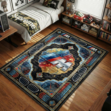 BMW M logo tricolor light blue dark blue red kidney grilles gauges gold leaf hypebeast area rug