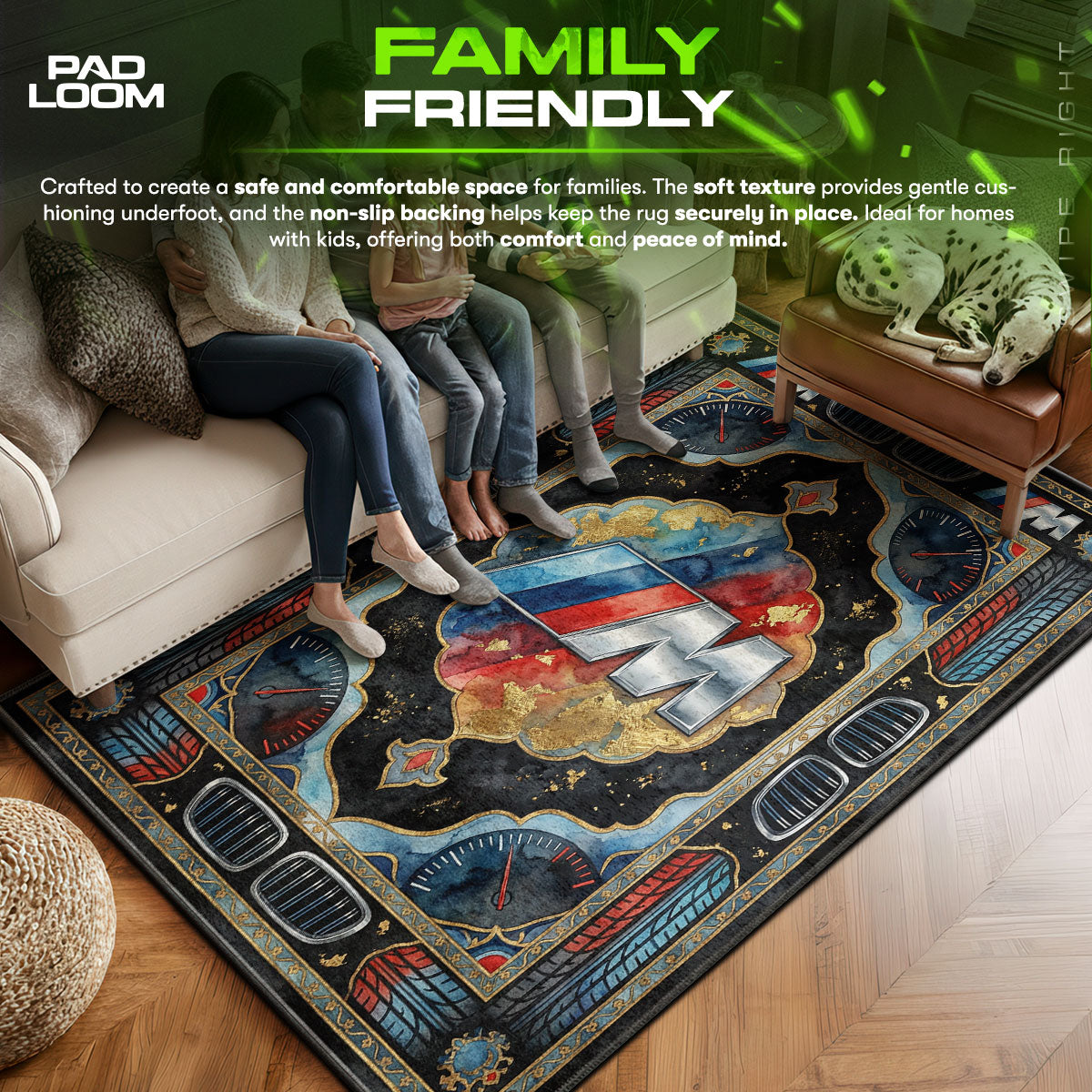 BMW area rug showing full home decor artwork