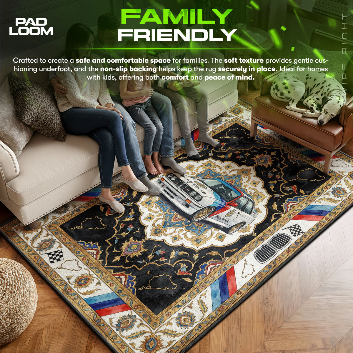 BMW area rug showing full home decor artwork