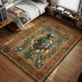 Boba Fett standing with blaster amidst Slave I ships and Mythosaur skulls vintage ornate art style movie themed area rug and home theater mat