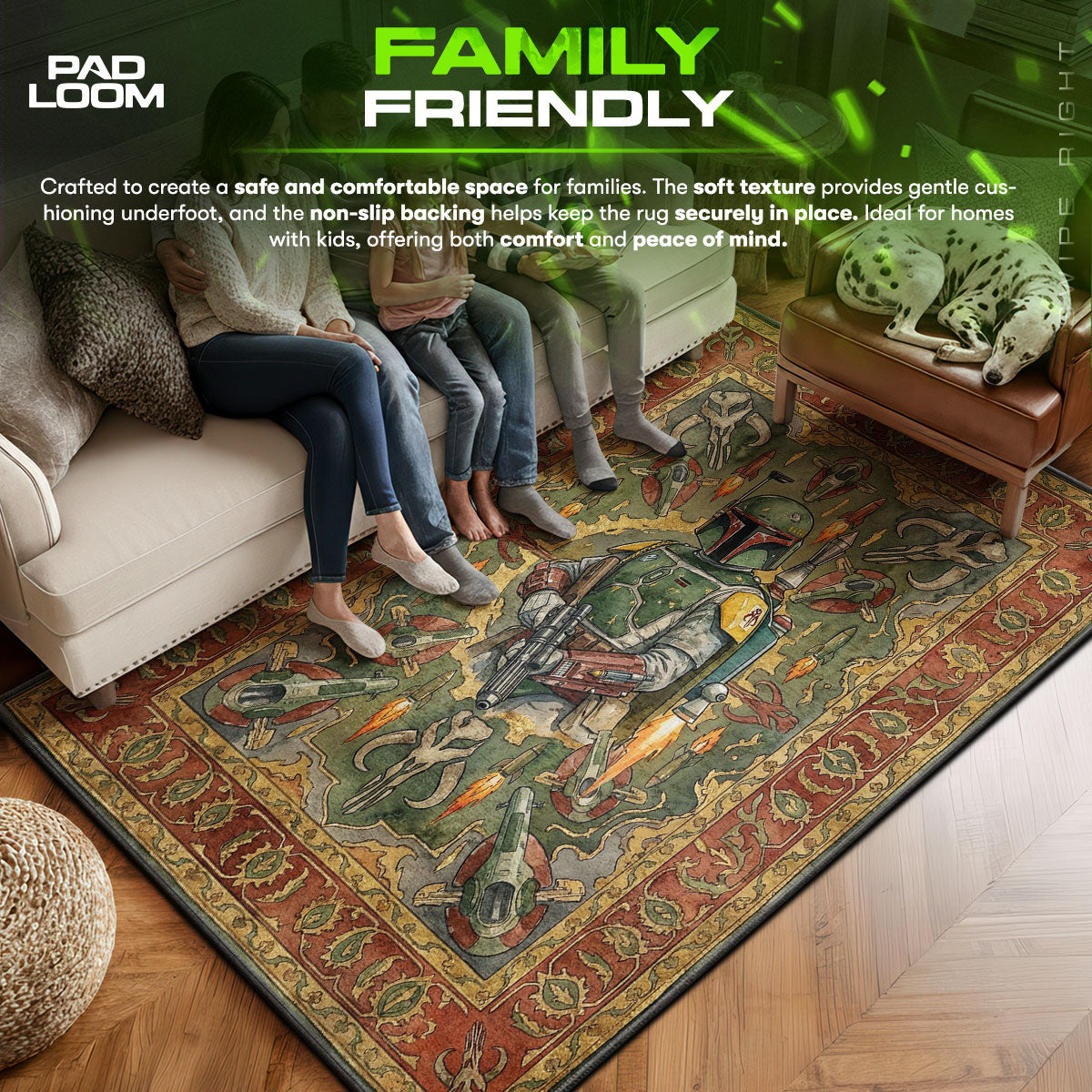 Boba area rug showing full home decor artwork