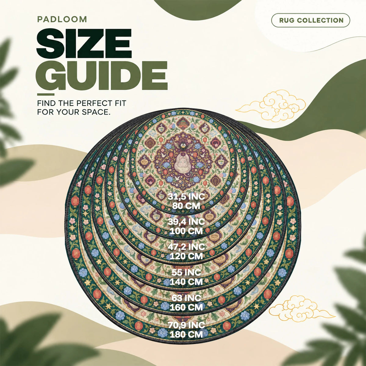 Boh Mouse Medallion round rug size guide, 80 to 180 cm (31.5 to 70.9 in)