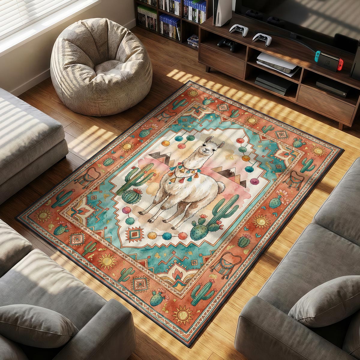 Boho Llama Desert Rug - Southwestern Kids Room Mat