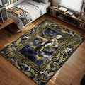 Haikyuu rug featuring Kotaro Bokuto spiking with a giant horned owl spirit background, gold and black Fukurodani theme with ACE text, anime gaming chair mat.