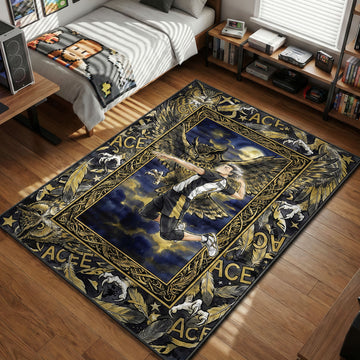 Haikyuu rug featuring Kotaro Bokuto spiking with a giant horned owl spirit background, gold and black Fukurodani theme with ACE text, anime gaming chair mat.