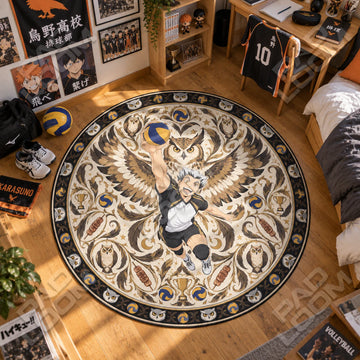 Bokuto Spiking Haikyuu round rug on a bedroom floor - Haikyuu chair mat