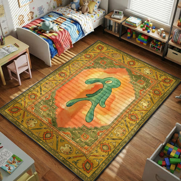Bold and Brash Squidward painting area rug on olive green orange ornamental background
